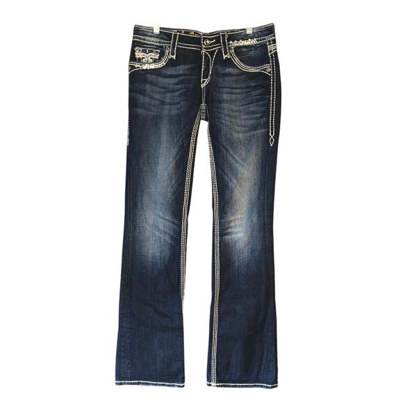 Rock Revival Denim - Rock Revival 28 x 32 Serena bootcut jeans white stitching fleur-de-lis bling
